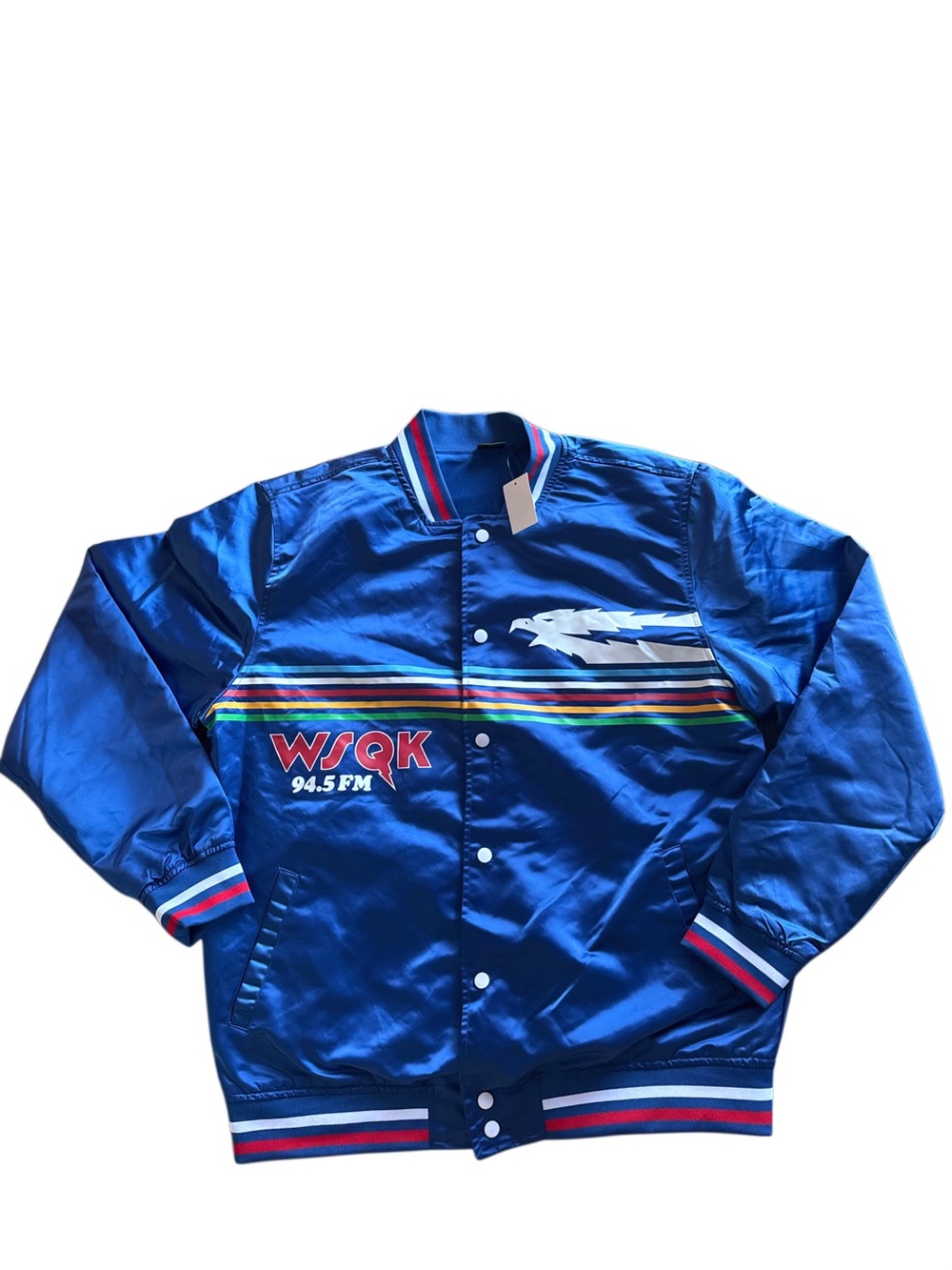 NWT!! Men's stranger things WSQK 94.5 FM Blue Vintage Satin Bomber Jacket, L